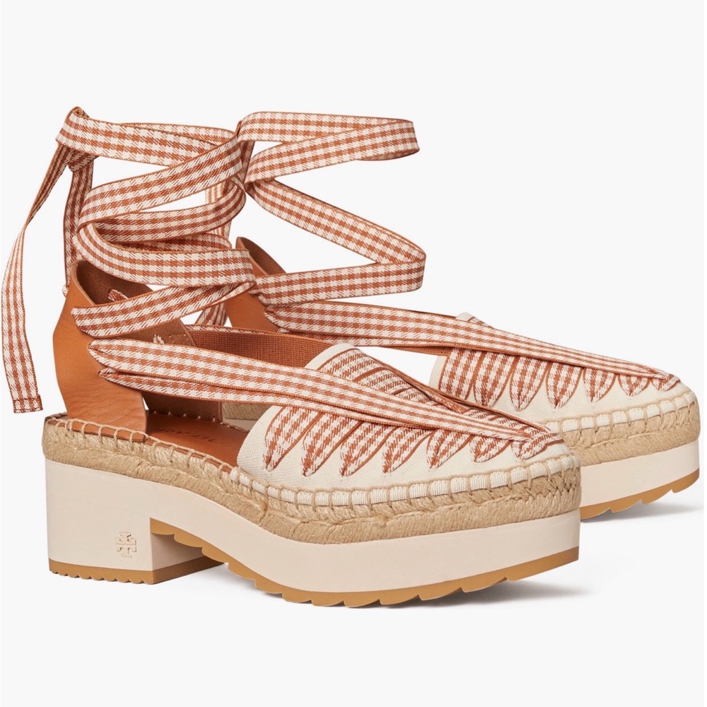 Tory Burch Gingham Lace-Up Espadrille Sandals